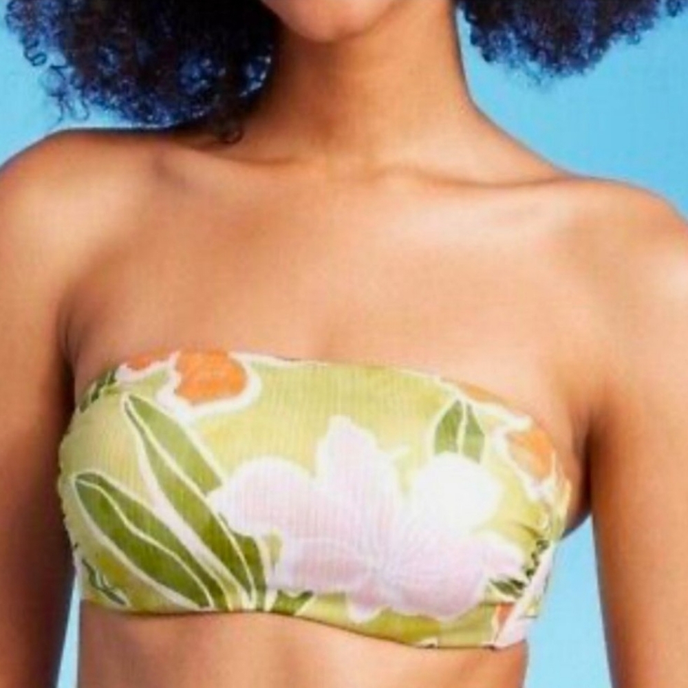Green & Pink orange floral wide band underwire bikini top bandeau-